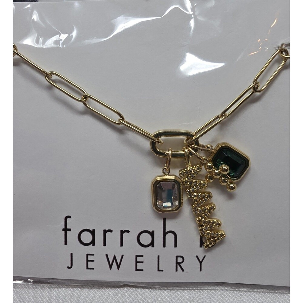 Farrah B Jewelry Gold Tone MAMA Charm Paperclip Necklace Emerald Crystal Austin